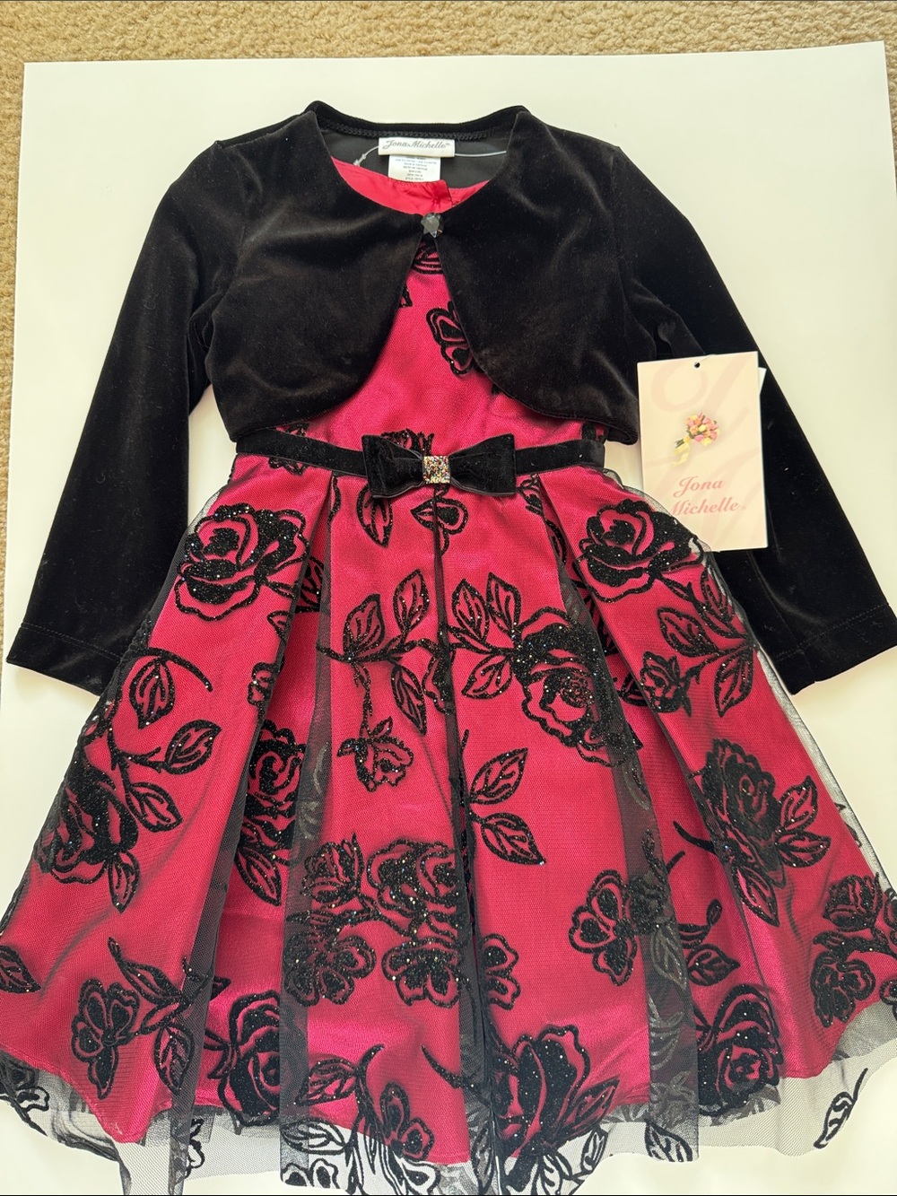 Jona Michelle Fuchsia & Black Floral Velvet-Bolero Party Dress